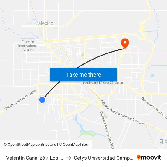 Valentín Canalizó / Los Coroneles to Cetys Universidad Campus Mexicali map