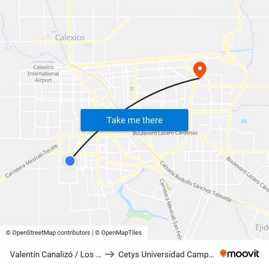 Valentín Canalizó / Los Capitanes to Cetys Universidad Campus Mexicali map
