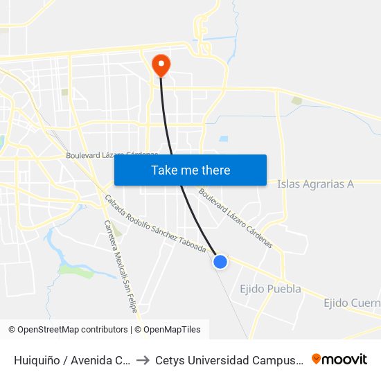 Huiquiño / Avenida Cantona to Cetys Universidad Campus Mexicali map