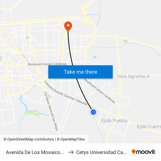 Avenida De Los Mosaicos / Zacapoaxtla to Cetys Universidad Campus Mexicali map