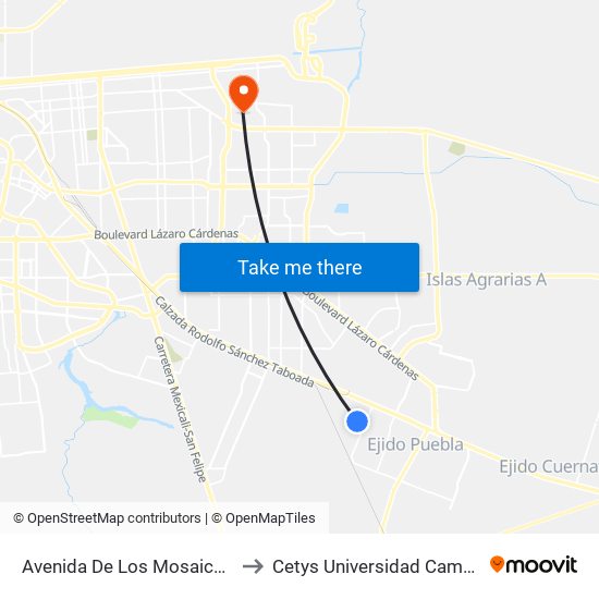 Avenida De Los Mosaicos / Lagunas to Cetys Universidad Campus Mexicali map