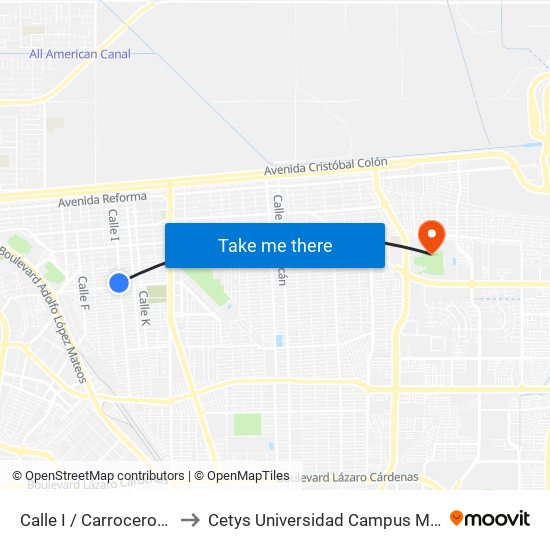 Calle I / Carroceros Sur to Cetys Universidad Campus Mexicali map