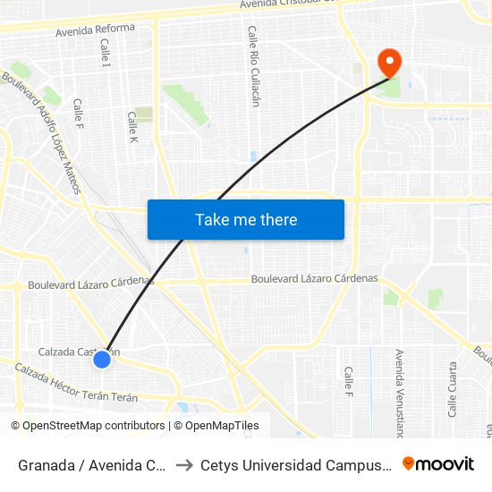 Granada / Avenida Córdoba to Cetys Universidad Campus Mexicali map