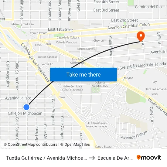 Tuxtla Gutiérrez / Avenida Michoacán to Escuela De Artes map