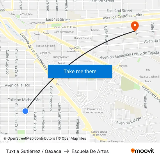 Tuxtla Gutiérrez / Oaxaca to Escuela De Artes map