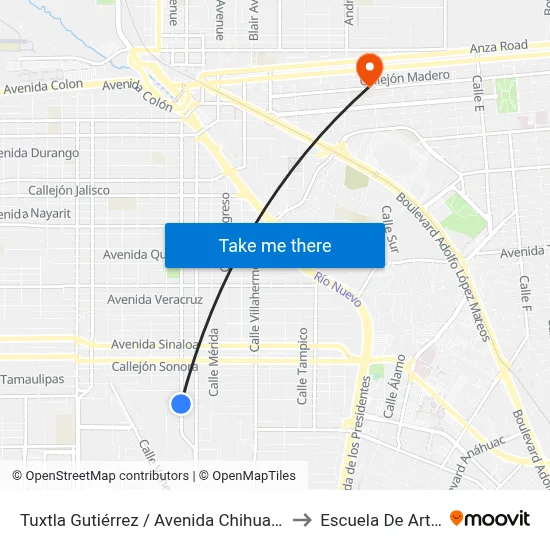 Tuxtla Gutiérrez / Avenida Chihuahua to Escuela De Artes map