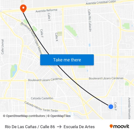Río De Las Cañas / Calle 86 to Escuela De Artes map