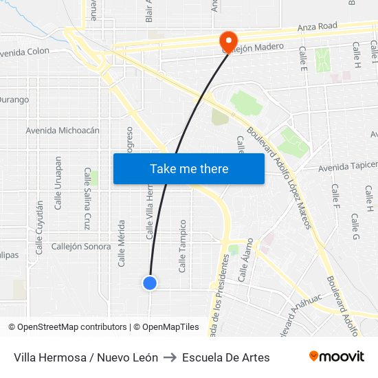 Villa Hermosa / Nuevo León to Escuela De Artes map