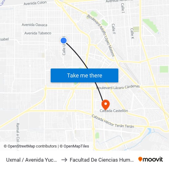 Uxmal / Avenida Yucatán to Facultad De Ciencias Humanas map
