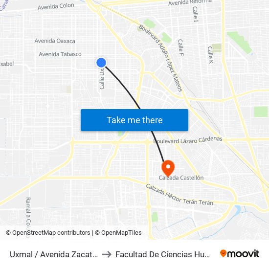 Uxmal / Avenida Zacatecas to Facultad De Ciencias Humanas map