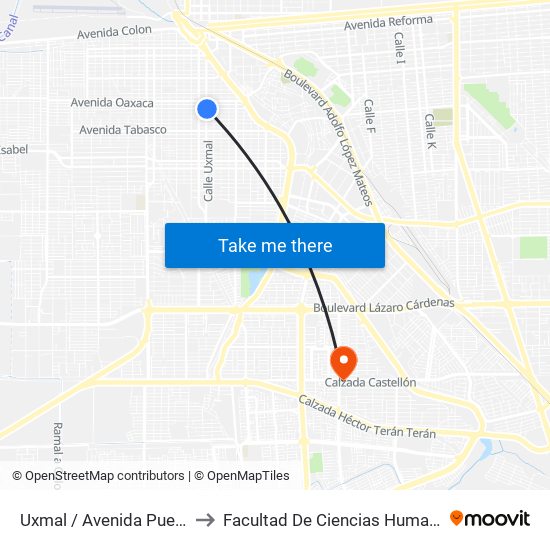 Uxmal / Avenida Puebla to Facultad De Ciencias Humanas map