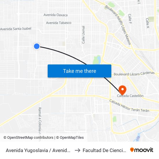 Avenida Yugoslavia / Avenida Checoslovaquia to Facultad De Ciencias Humanas map