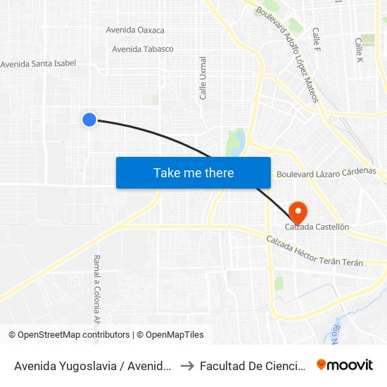 Avenida Yugoslavia / Avenida Jordania Norte to Facultad De Ciencias Humanas map