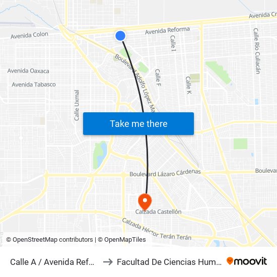 Calle A / Avenida Reforma to Facultad De Ciencias Humanas map