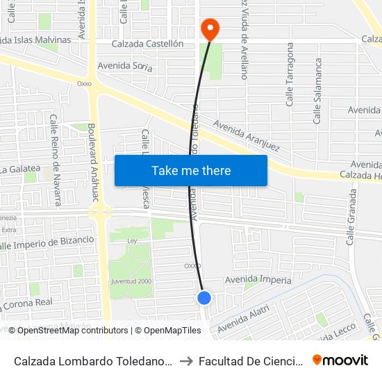Calzada Lombardo Toledano / Juventud 2000 to Facultad De Ciencias Humanas map