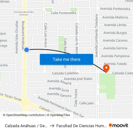Calzada Anáhuac / Gerona to Facultad De Ciencias Humanas map