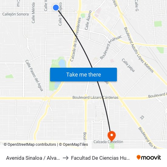 Avenida Sinaloa / Alvarado to Facultad De Ciencias Humanas map