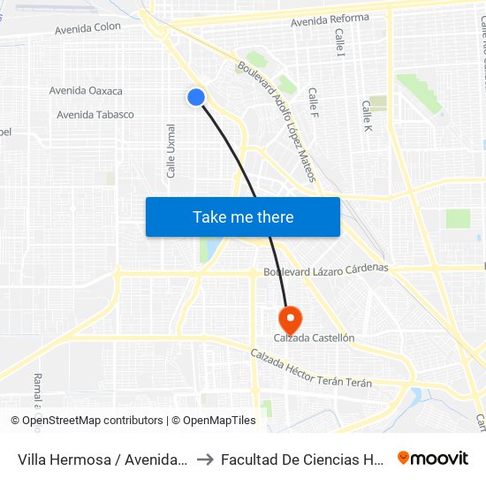 Villa Hermosa / Avenida Puebla to Facultad De Ciencias Humanas map