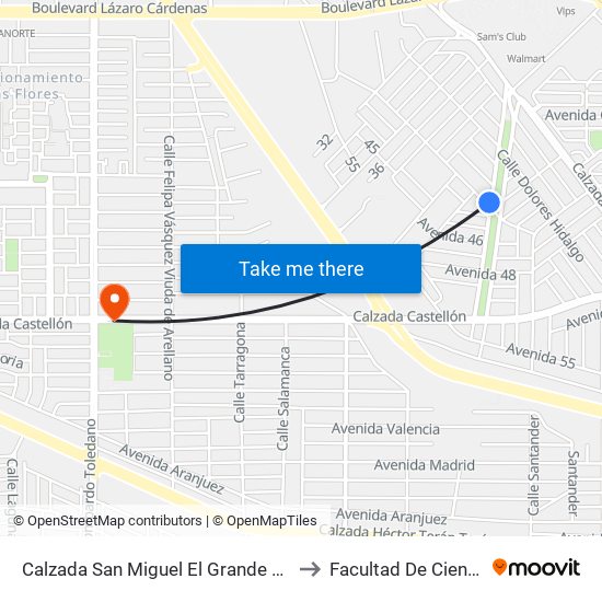 Calzada San Miguel El Grande / Avenida Niños Héroes to Facultad De Ciencias Humanas map