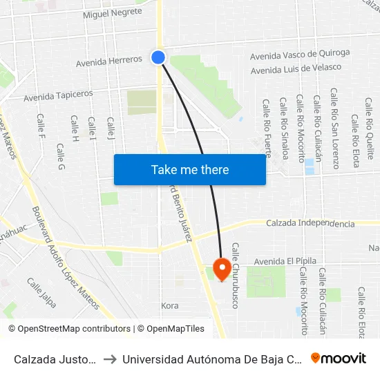 Calzada Justo Sierra, 950_1 to Universidad Autónoma De Baja California - Campus Mexicali map