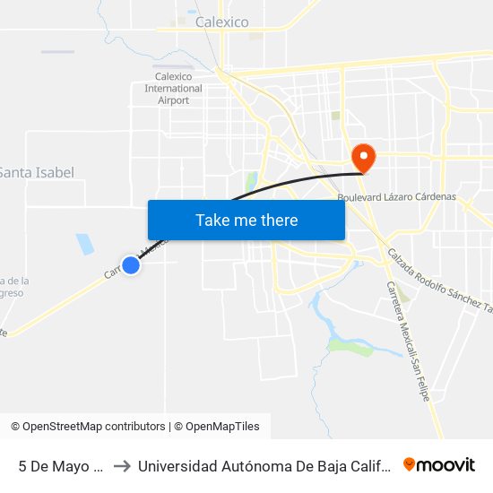 5 De Mayo / Primera to Universidad Autónoma De Baja California - Campus Mexicali map