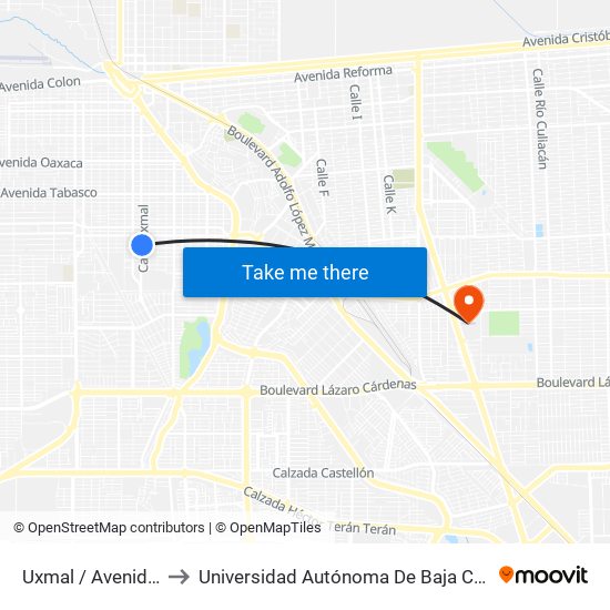 Uxmal / Avenida Tamaulipas to Universidad Autónoma De Baja California - Campus Mexicali map