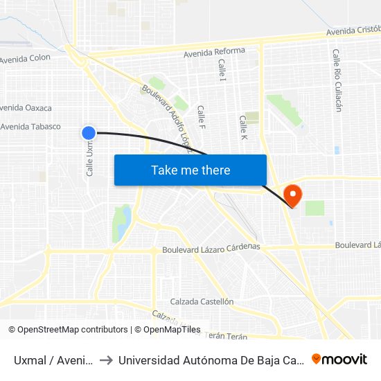 Uxmal / Avenida Veracruz to Universidad Autónoma De Baja California - Campus Mexicali map