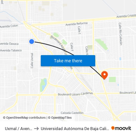 Uxmal / Avenida Nayarit to Universidad Autónoma De Baja California - Campus Mexicali map