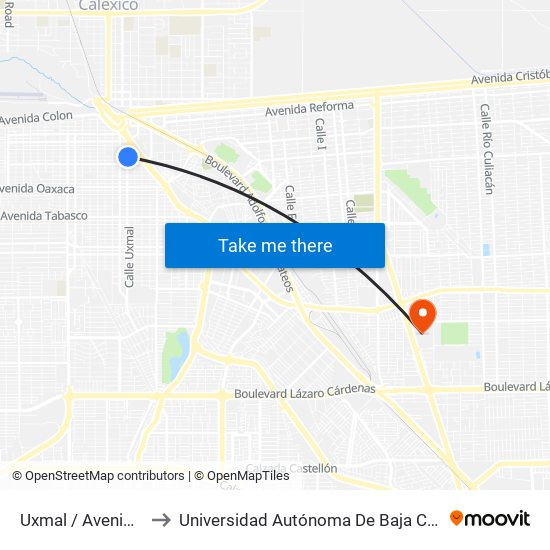 Uxmal / Avenida Guanajuato to Universidad Autónoma De Baja California - Campus Mexicali map