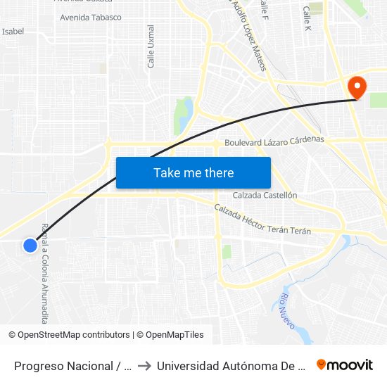 Progreso Nacional / Avenida Lázaro Cárdenas to Universidad Autónoma De Baja California - Campus Mexicali map