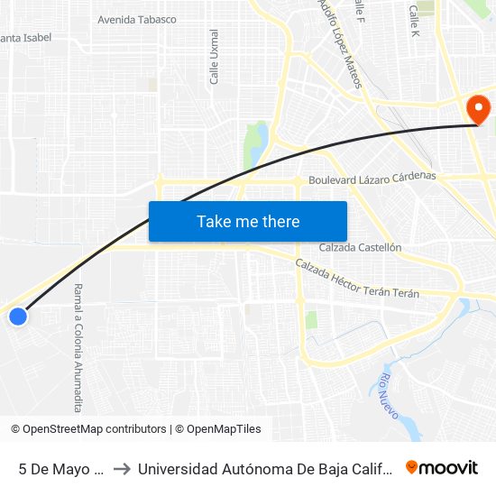 5 De Mayo / Tercera to Universidad Autónoma De Baja California - Campus Mexicali map