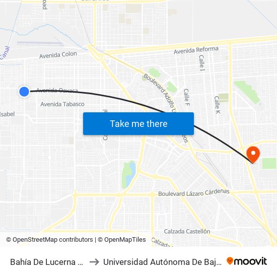 Bahía De Lucerna / Avenida El Rosario to Universidad Autónoma De Baja California - Campus Mexicali map