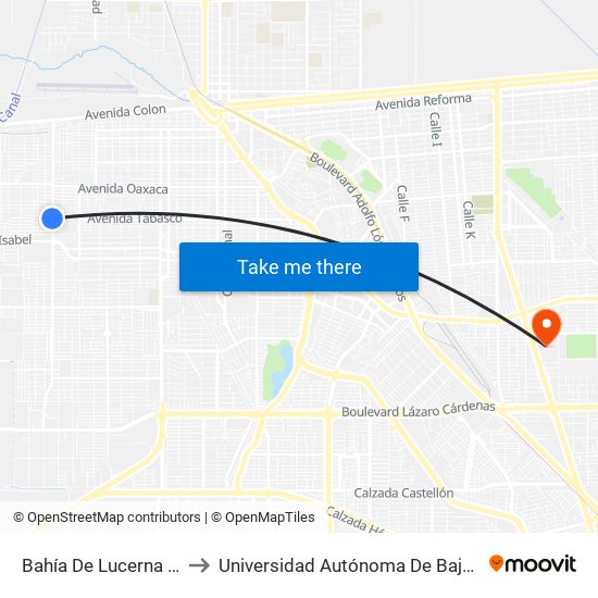 Bahía De Lucerna / Avenida Tabasco to Universidad Autónoma De Baja California - Campus Mexicali map