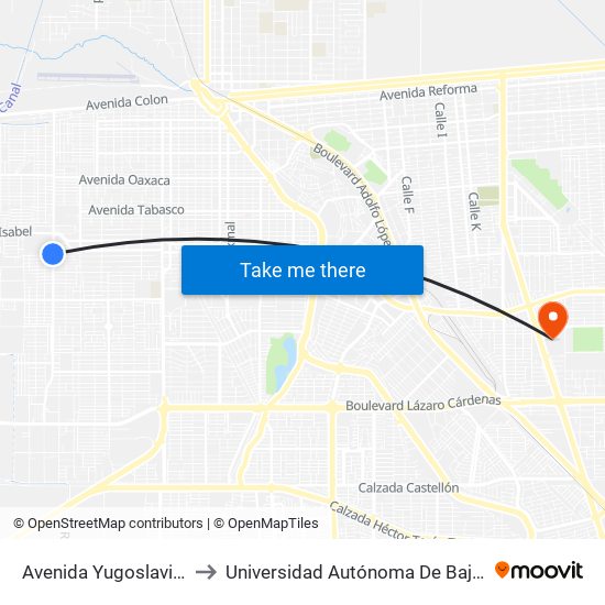 Avenida Yugoslavia / Reforma Agraria to Universidad Autónoma De Baja California - Campus Mexicali map