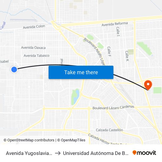 Avenida Yugoslavia / Avenida Patriotismo to Universidad Autónoma De Baja California - Campus Mexicali map