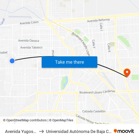 Avenida Yugoslavia / Uganda to Universidad Autónoma De Baja California - Campus Mexicali map