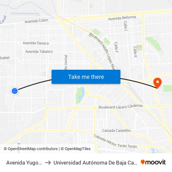 Avenida Yugoslavia / Siria to Universidad Autónoma De Baja California - Campus Mexicali map