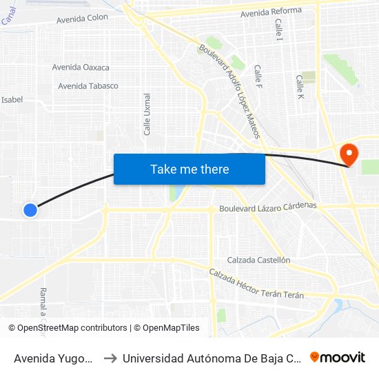 Avenida Yugoslavia / Cristal to Universidad Autónoma De Baja California - Campus Mexicali map