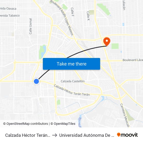 Calzada Héctor Terán Terán / A Ejido Xochimilco to Universidad Autónoma De Baja California - Campus Mexicali map