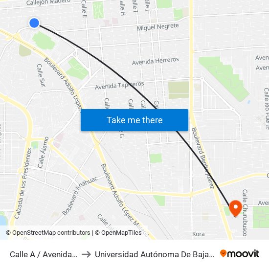 Calle A / Avenida Lerdo De Tejada to Universidad Autónoma De Baja California - Campus Mexicali map