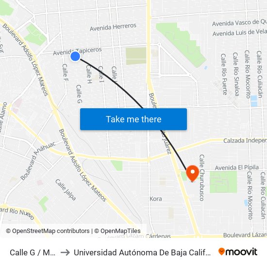 Calle G / Mecánicos to Universidad Autónoma De Baja California - Campus Mexicali map