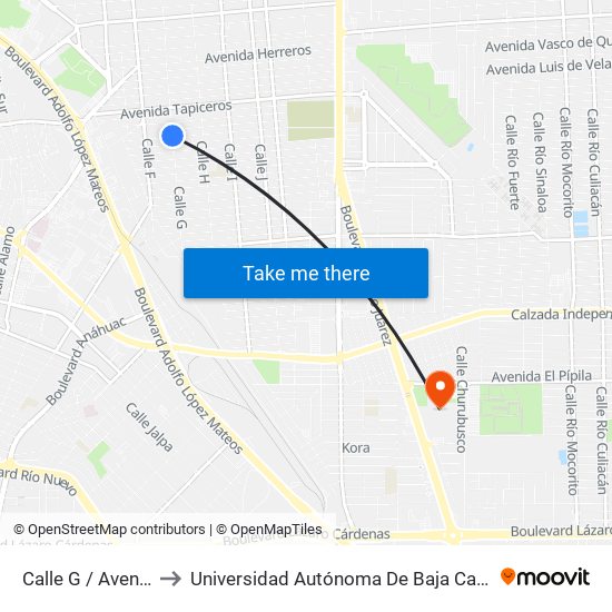 Calle G / Avenida Mineros to Universidad Autónoma De Baja California - Campus Mexicali map