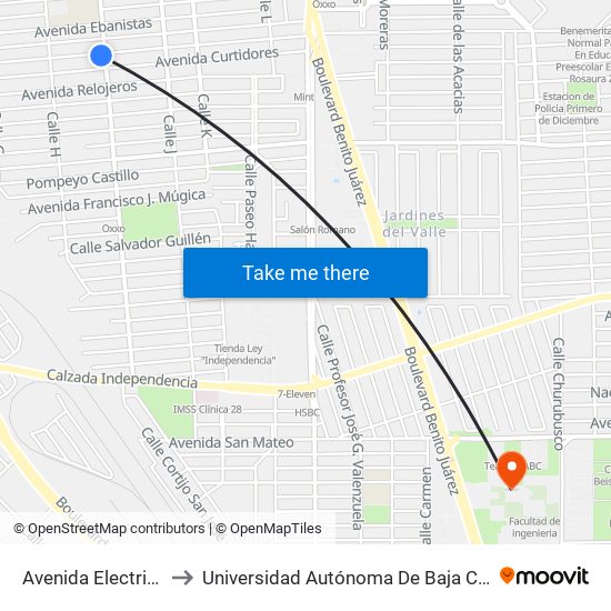 Avenida Electricistas / Calle I to Universidad Autónoma De Baja California - Campus Mexicali map