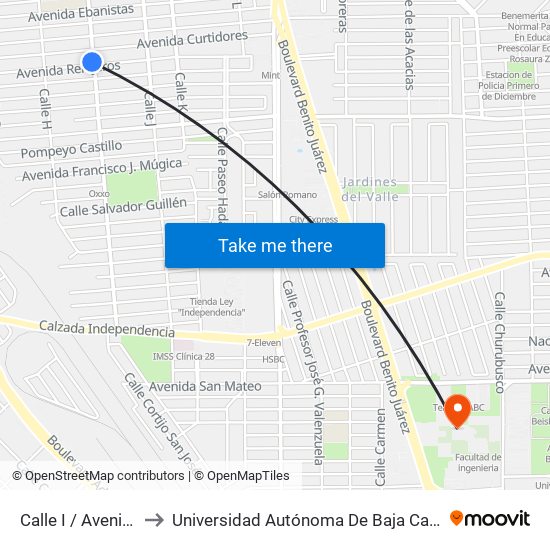 Calle I / Avenida Relojeros to Universidad Autónoma De Baja California - Campus Mexicali map