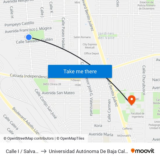 Calle I / Salvador Villalón to Universidad Autónoma De Baja California - Campus Mexicali map