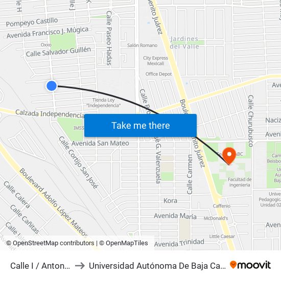 Calle I / Antonio Villanueva to Universidad Autónoma De Baja California - Campus Mexicali map