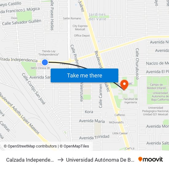 Calzada Independencia / Naripeo Cardone to Universidad Autónoma De Baja California - Campus Mexicali map