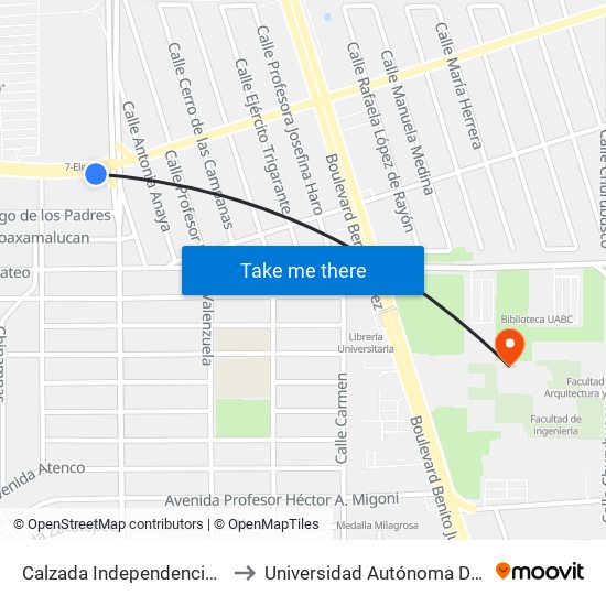 Calzada Independencia / Calzada Francisco Montejano to Universidad Autónoma De Baja California - Campus Mexicali map