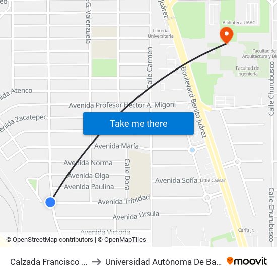 Calzada Francisco Montejano / Trinidad to Universidad Autónoma De Baja California - Campus Mexicali map