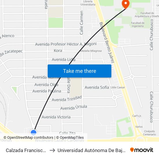 Calzada Francisco Montejano / Zita to Universidad Autónoma De Baja California - Campus Mexicali map